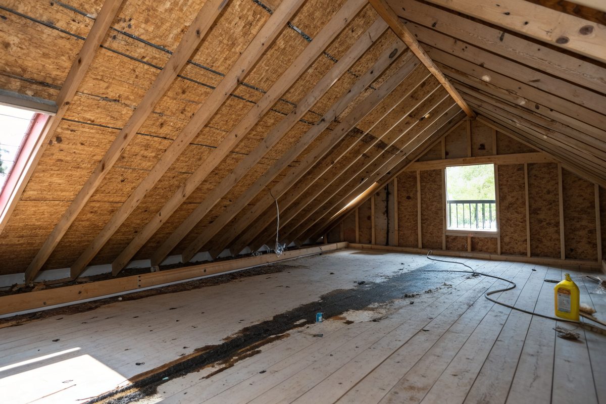An attic with a dark water stain running down the roof boards