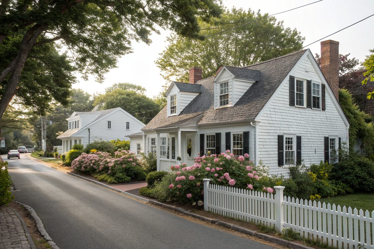 A white Cape Cod house with dormers and a charcoal shingle roof