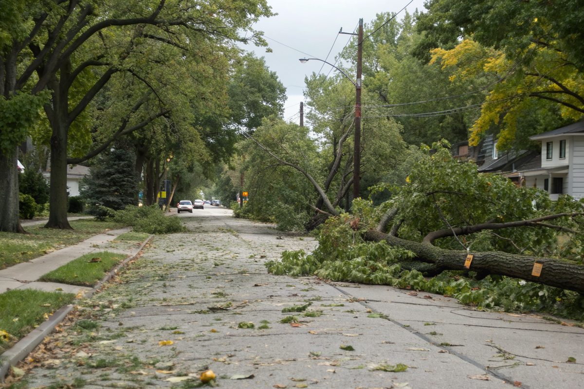Broken limbs and a fallen tree along a suburban street after a windstorm