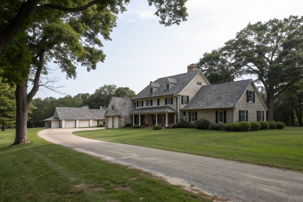 A large country home with a gray shingle roof on a big lot