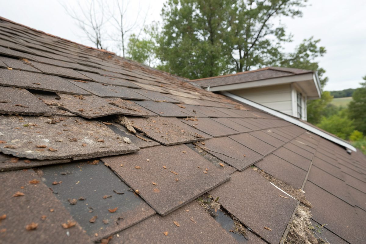 Old brown shingles with bald patches and cupped tabs