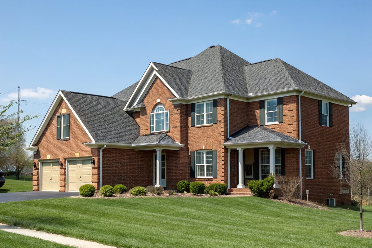 A two-story brick-front house with a charcoal shingle roof in a newer subdivision