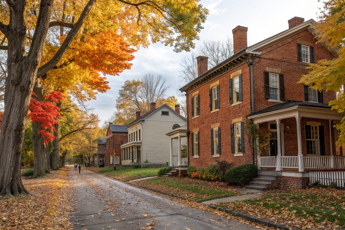 Federal-style brick houses with tall chimneys on a historic street