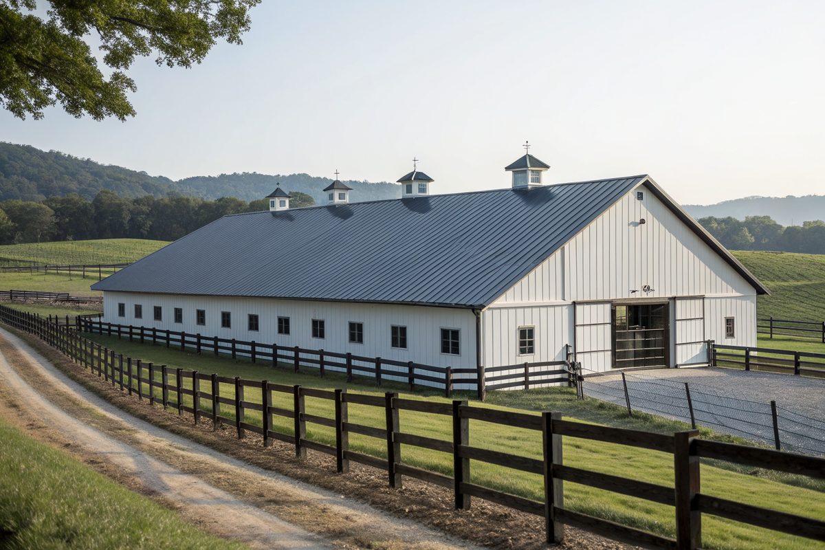 A horse barn with a charcoal standing-seam metal roof behind board fencing