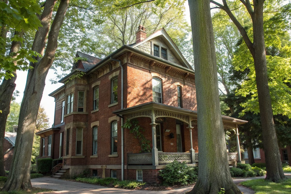An Italianate brick house with bracketed eaves under maples