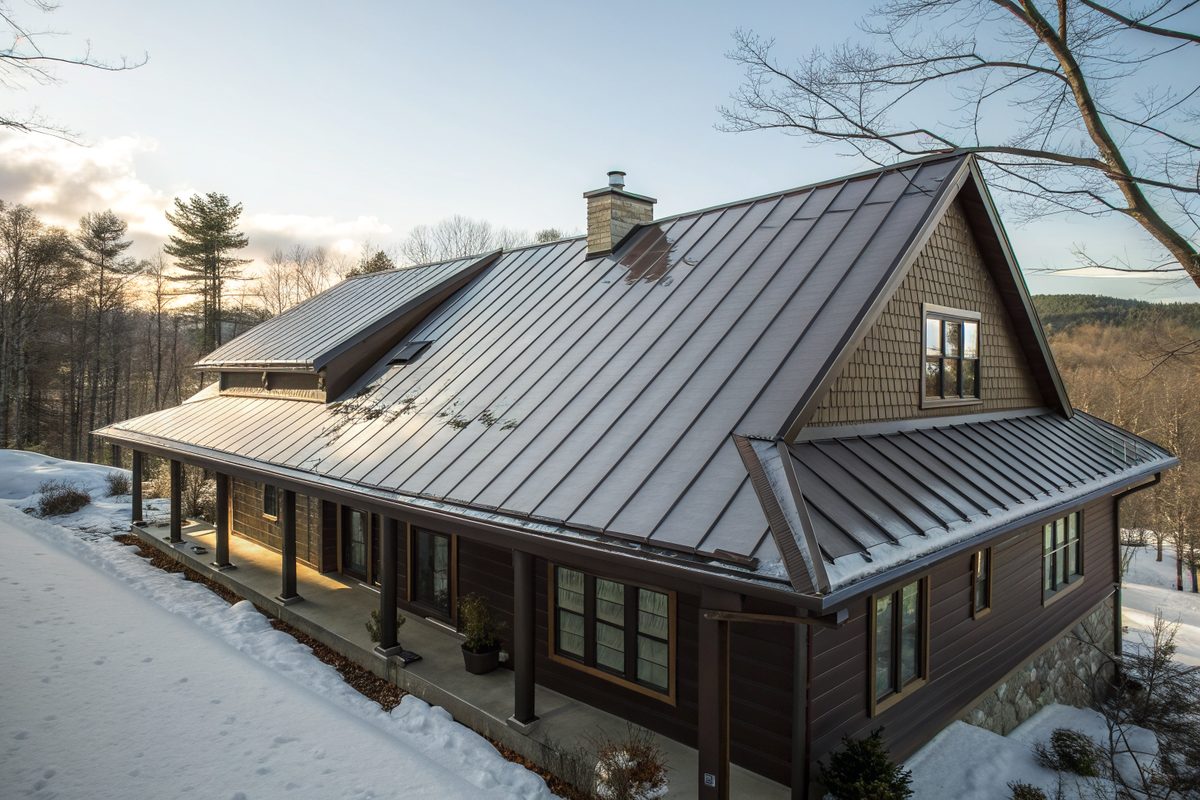 A dark bronze standing-seam metal roof with snow guards