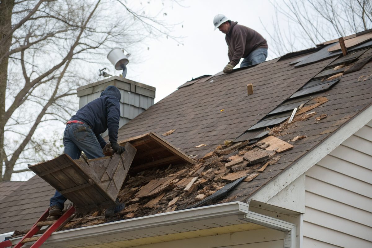 Old shingle layers torn off a roof to expose the boards