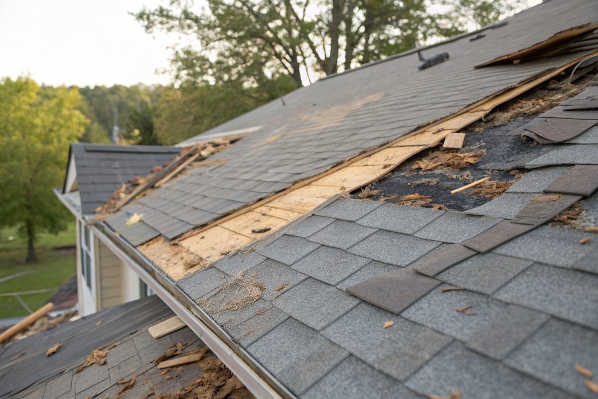 Blown-off ridge cap shingles along a roof peak