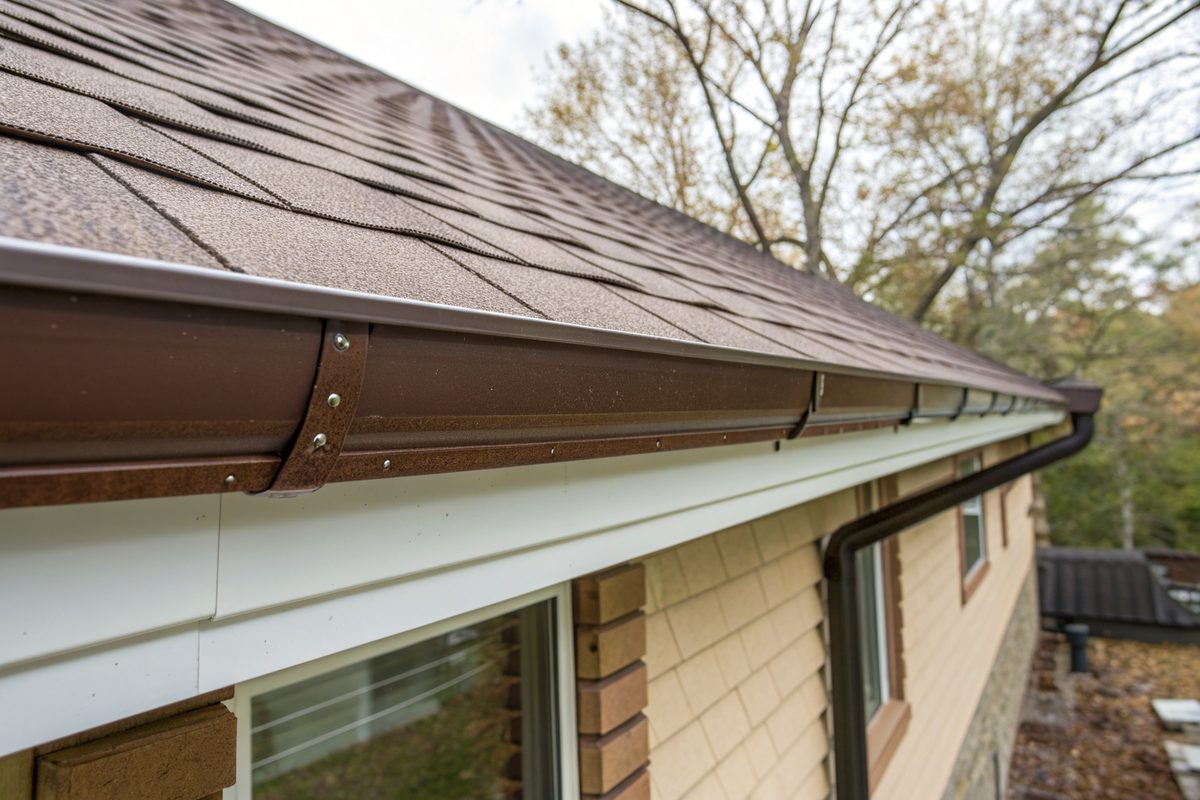 A new seamless gutter and drip edge under a fresh shingle edge