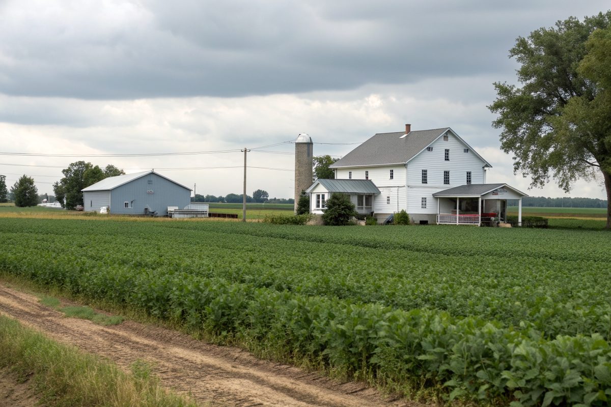 A farmstead beyond a soybean field under summer clouds