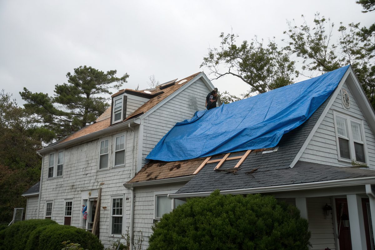 A blue tarp held with boards over part of a colonial house roof