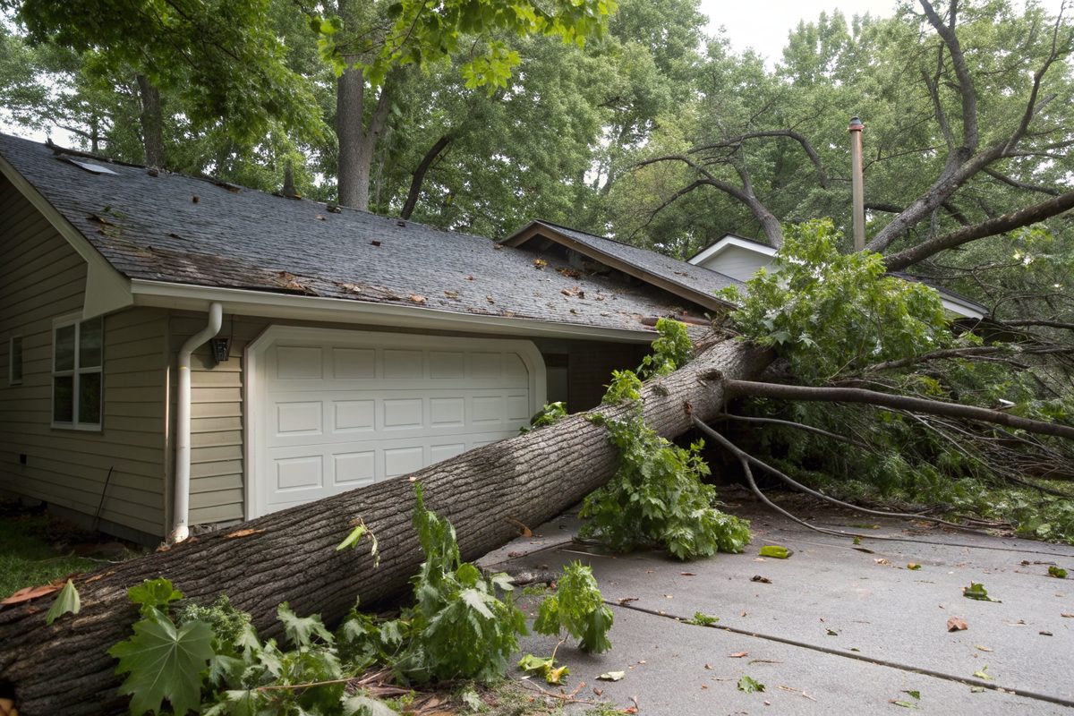 A fallen maple tree on the roof of an attached garage
