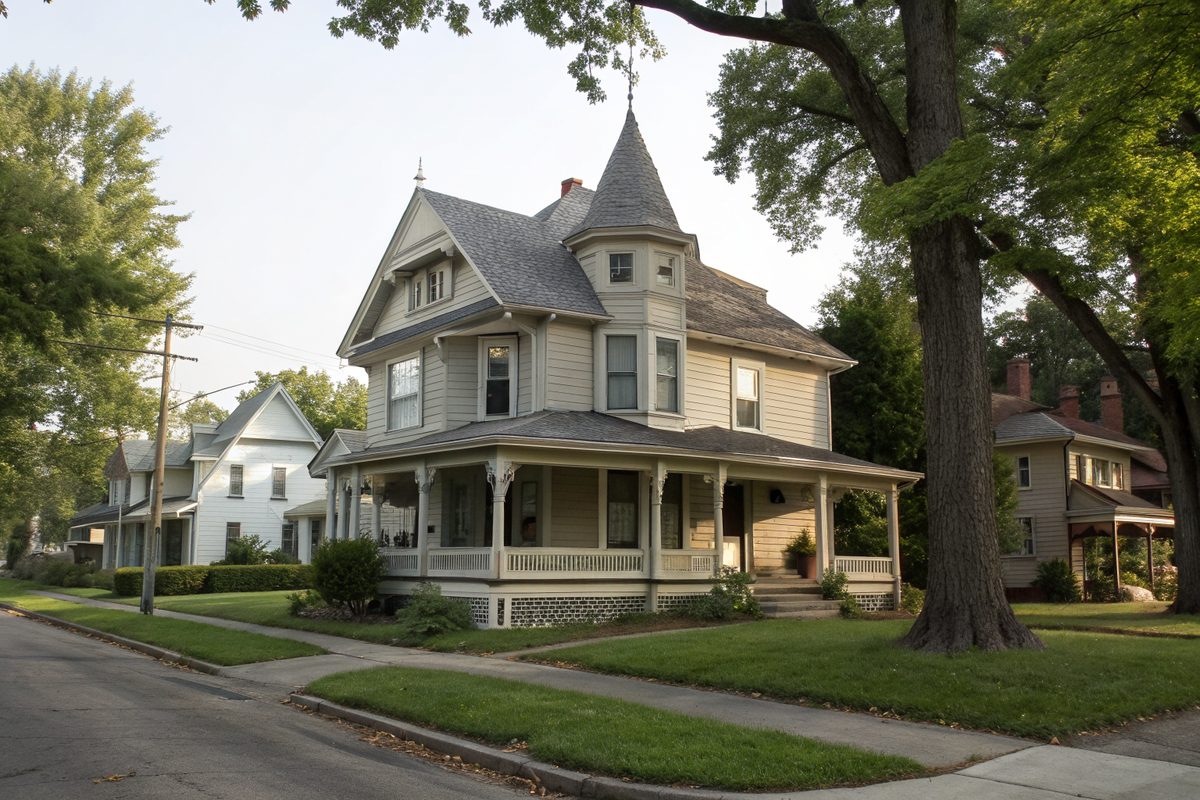 A Queen Anne Victorian house with a wraparound porch