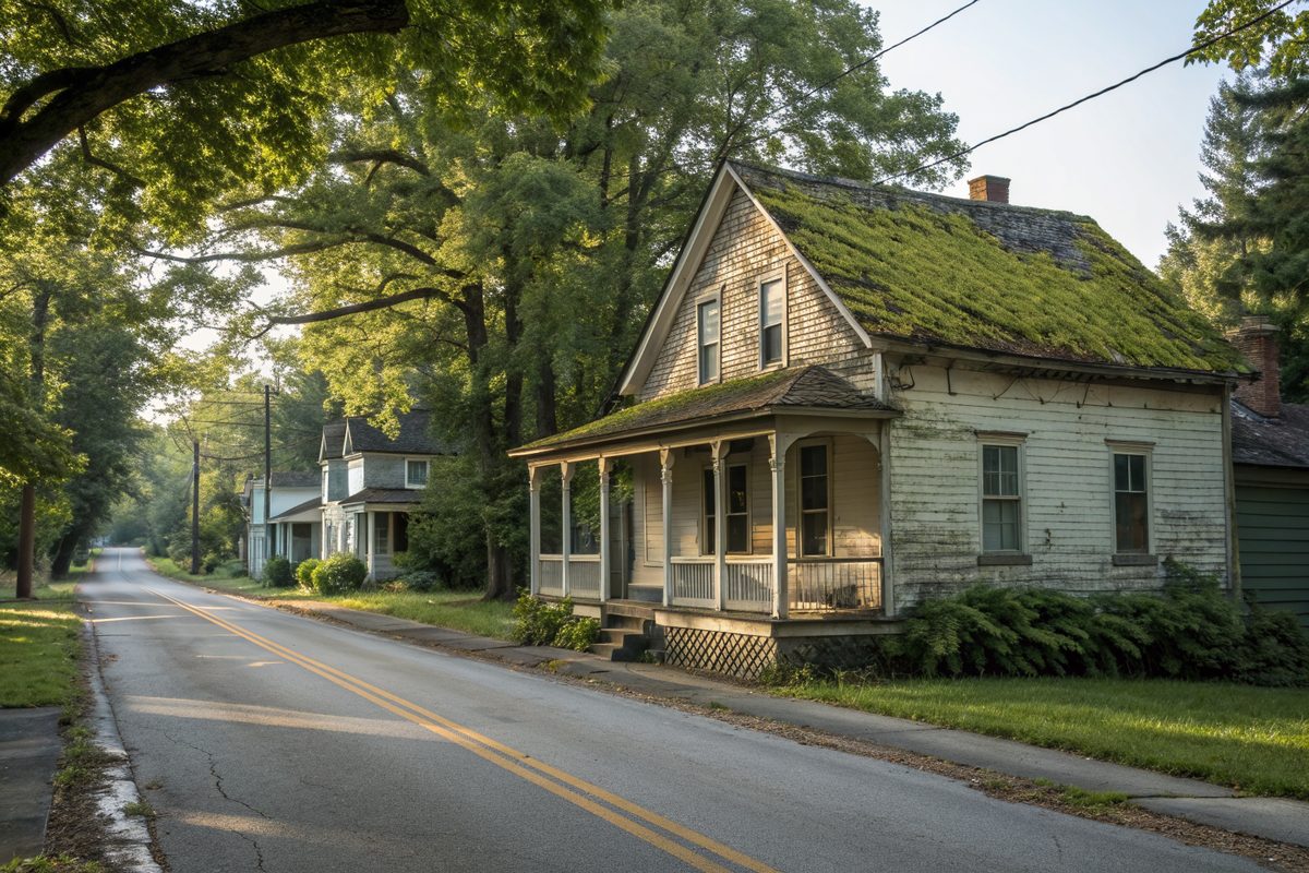 An old frame village house with a worn, mossy shingle roof