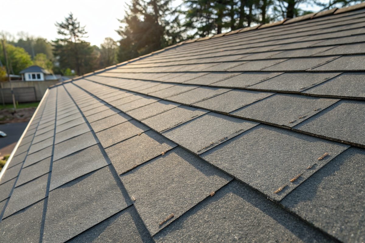 Close view of new weathered gray architectural shingles