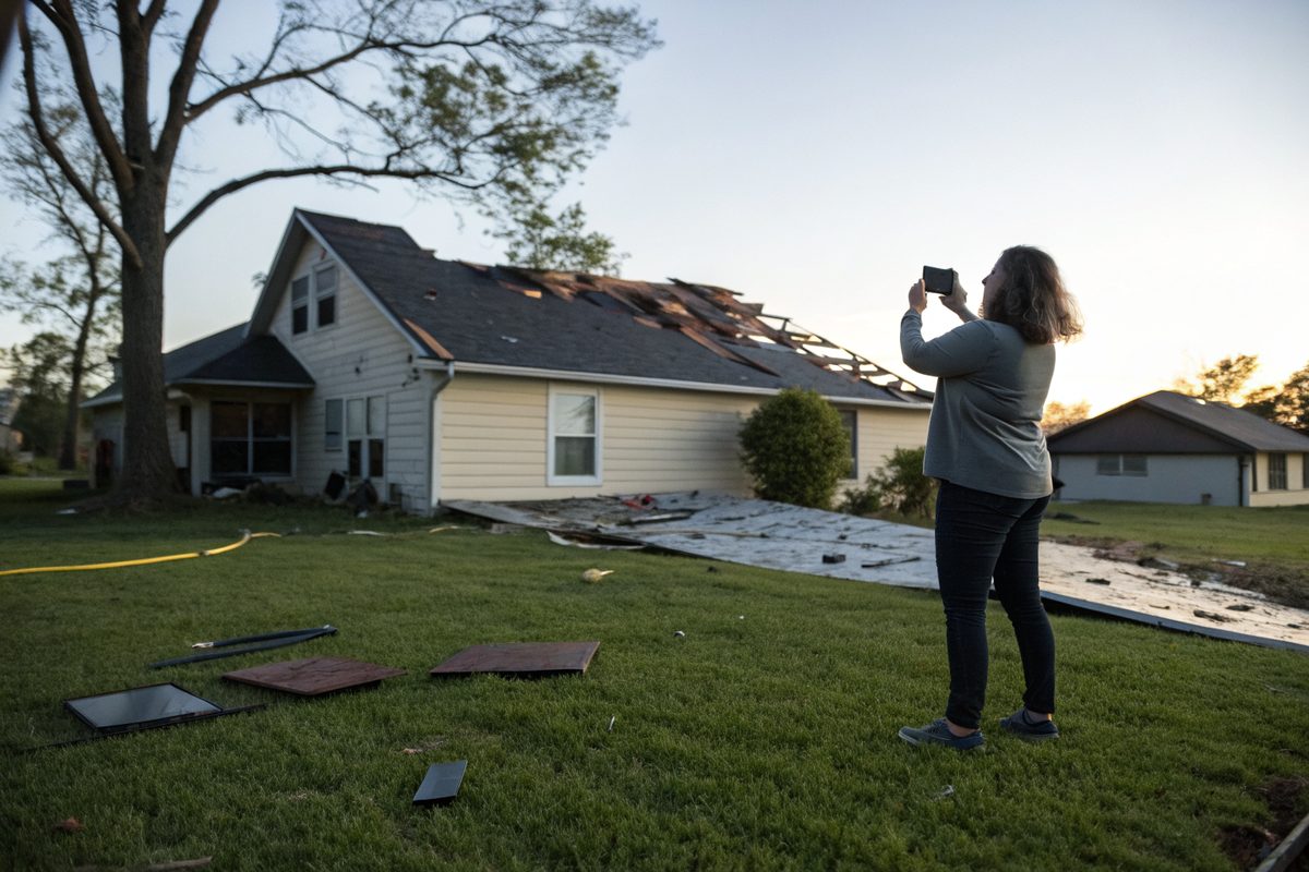 A homeowner photographing her roof with a phone after a windstorm